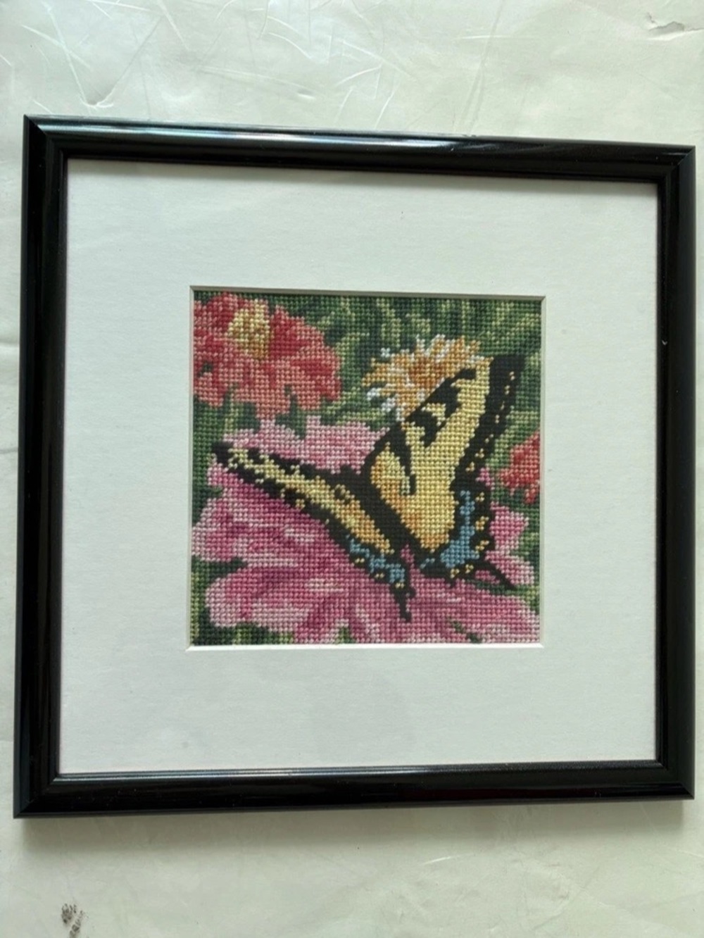 Framed Floral Butterfly Needlepoint Art Black & Pink